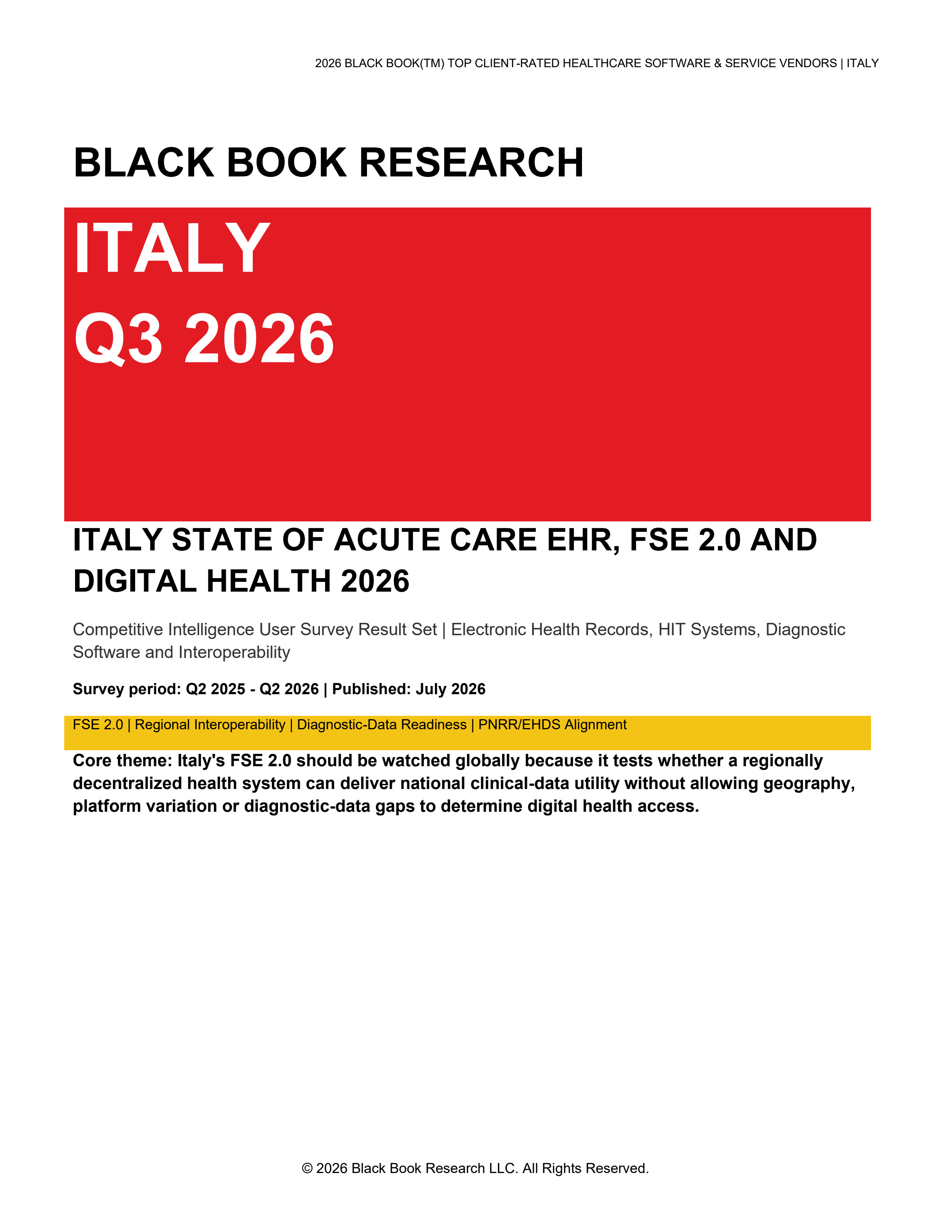 Cover: Black Book Italy 2026 FSE 2.0 EHR & Health IT Report